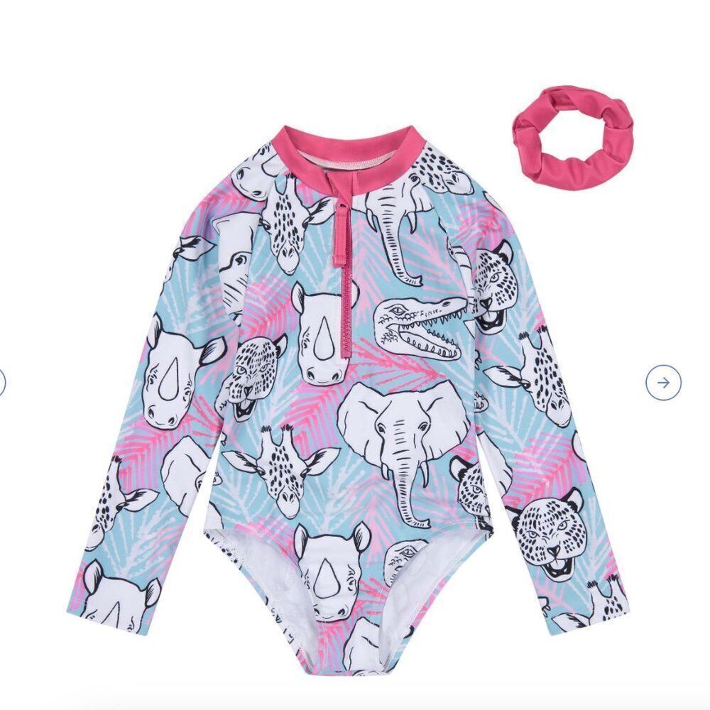 Andy and Evan pink and blue Aqua Animals rash gaurd swim with scrunchie NWT